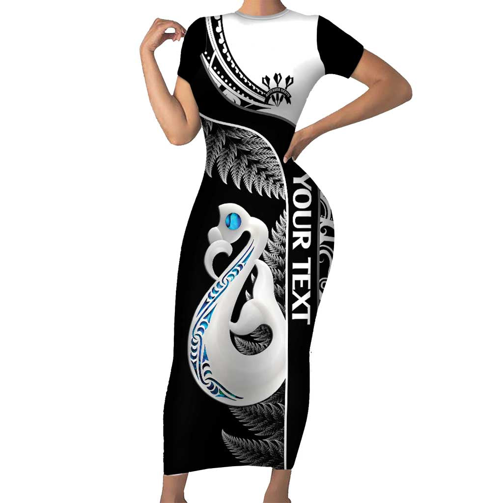 Personalised New Zealand Darts Short Sleeve Bodycon Dress Aotearoa Fern Mix Paua Shell Manaia - Black LT14 Long Dress Black - Polynesian Pride