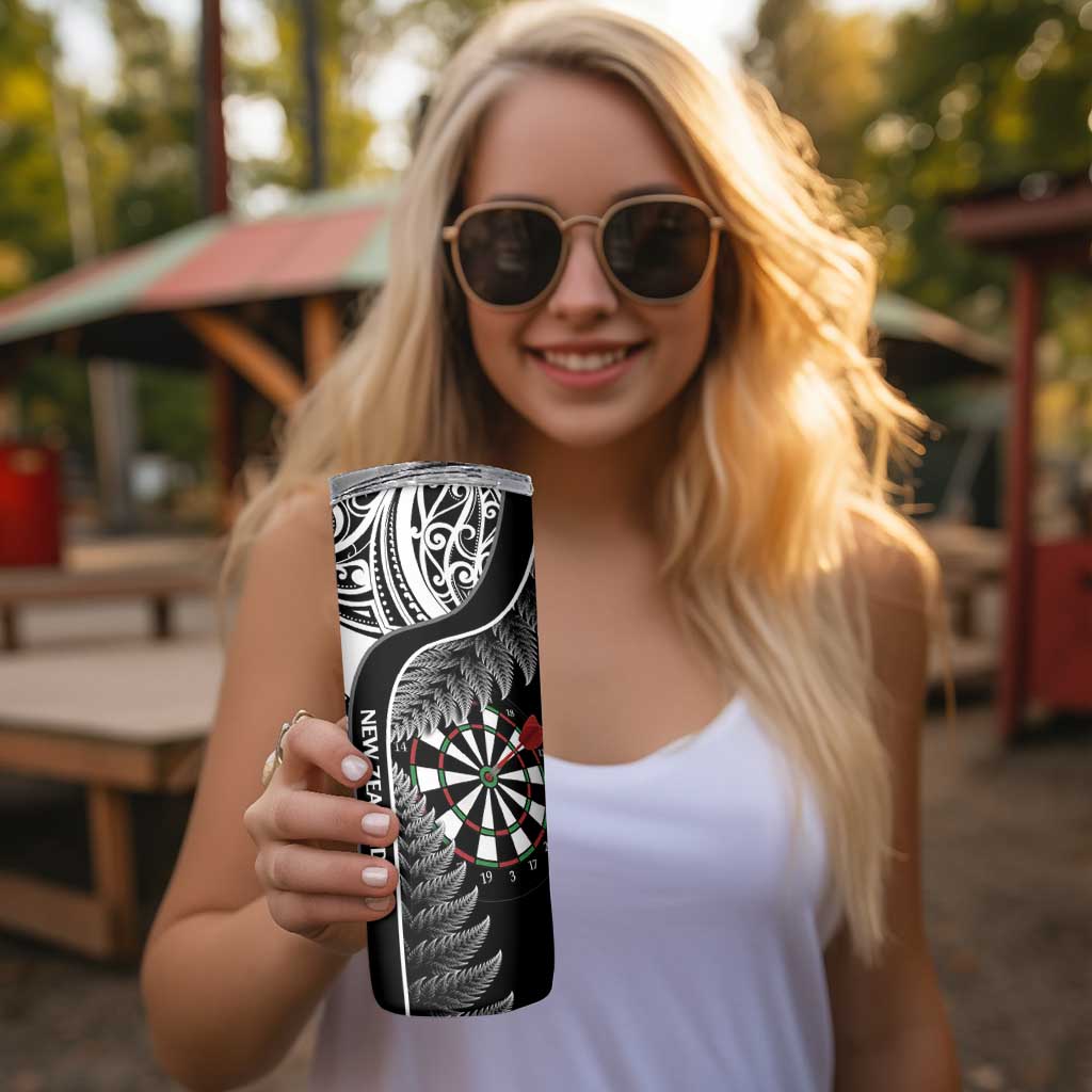 Personalised New Zealand Darts Skinny Tumbler Aotearoa Fern Mix Paua Shell Manaia - Black LT14 - Polynesian Pride