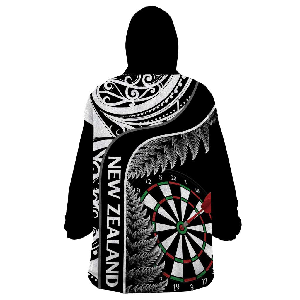 Personalised New Zealand Darts Wearable Blanket Hoodie Aotearoa Fern Mix Paua Shell Manaia - Black LT14 - Polynesian Pride