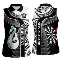 Personalised New Zealand Darts Women Sleeveless Polo Shirt Aotearoa Fern Mix Paua Shell Manaia - Black LT14 - Polynesian Pride