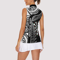 Personalised New Zealand Darts Women Sleeveless Polo Shirt Aotearoa Fern Mix Paua Shell Manaia - Black LT14 - Polynesian Pride