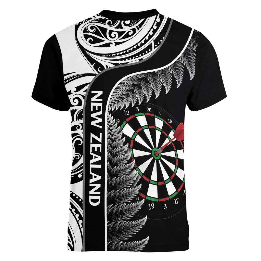 Personalised New Zealand Darts Women V-Neck T-Shirt Aotearoa Fern Mix Paua Shell Manaia - Black LT14 - Polynesian Pride