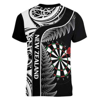 Personalised New Zealand Darts Women V-Neck T-Shirt Aotearoa Fern Mix Paua Shell Manaia - Black LT14 - Polynesian Pride