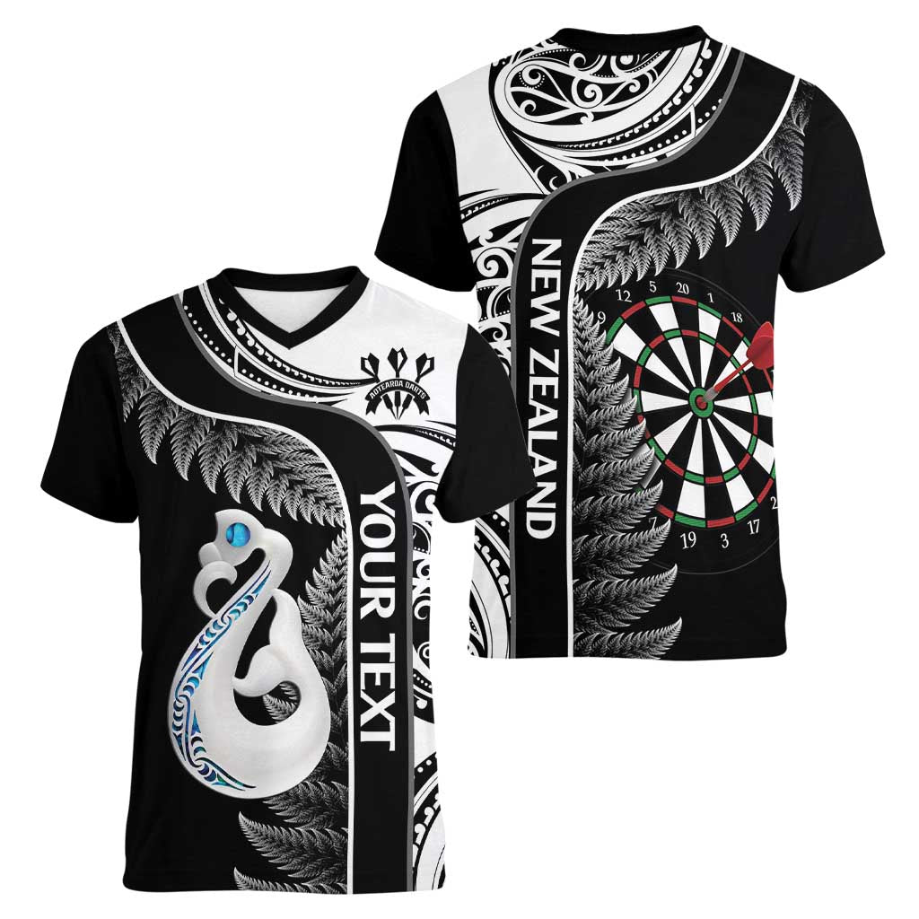Personalised New Zealand Darts Women V-Neck T-Shirt Aotearoa Fern Mix Paua Shell Manaia - Black LT14 - Polynesian Pride