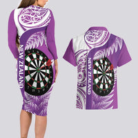 Personalised New Zealand Darts Couples Matching Long Sleeve Bodycon Dress and Hawaiian Shirt Aotearoa Fern Mix Paua Shell Manaia - Purple LT14 - Polynesian Pride