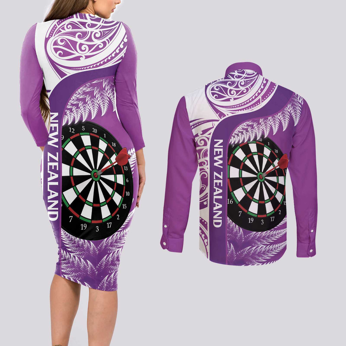 Personalised New Zealand Darts Couples Matching Long Sleeve Bodycon Dress and Long Sleeve Button Shirt Aotearoa Fern Mix Paua Shell Manaia - Purple LT14 - Polynesian Pride