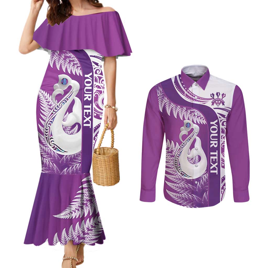 Personalised New Zealand Darts Couples Matching Mermaid Dress and Long Sleeve Button Shirt Aotearoa Fern Mix Paua Shell Manaia - Purple LT14 Purple - Polynesian Pride