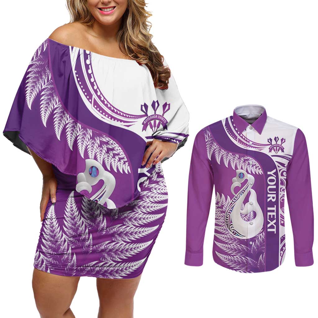 Personalised New Zealand Darts Couples Matching Off Shoulder Short Dress and Long Sleeve Button Shirt Aotearoa Fern Mix Paua Shell Manaia - Purple LT14 Purple - Polynesian Pride