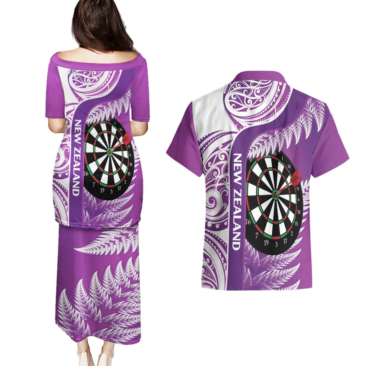 Personalised New Zealand Darts Couples Matching Puletasi and Hawaiian Shirt Aotearoa Fern Mix Paua Shell Manaia - Purple LT14 - Polynesian Pride