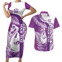 Personalised New Zealand Darts Couples Matching Short Sleeve Bodycon Dress and Hawaiian Shirt Aotearoa Fern Mix Paua Shell Manaia - Purple LT14 Purple - Polynesian Pride