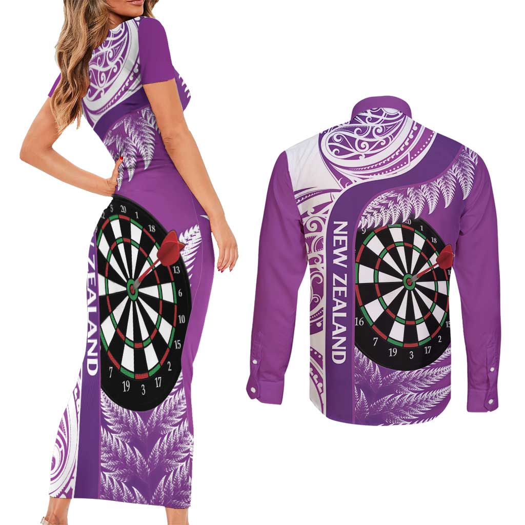Personalised New Zealand Darts Couples Matching Short Sleeve Bodycon Dress and Long Sleeve Button Shirt Aotearoa Fern Mix Paua Shell Manaia - Purple LT14 - Polynesian Pride
