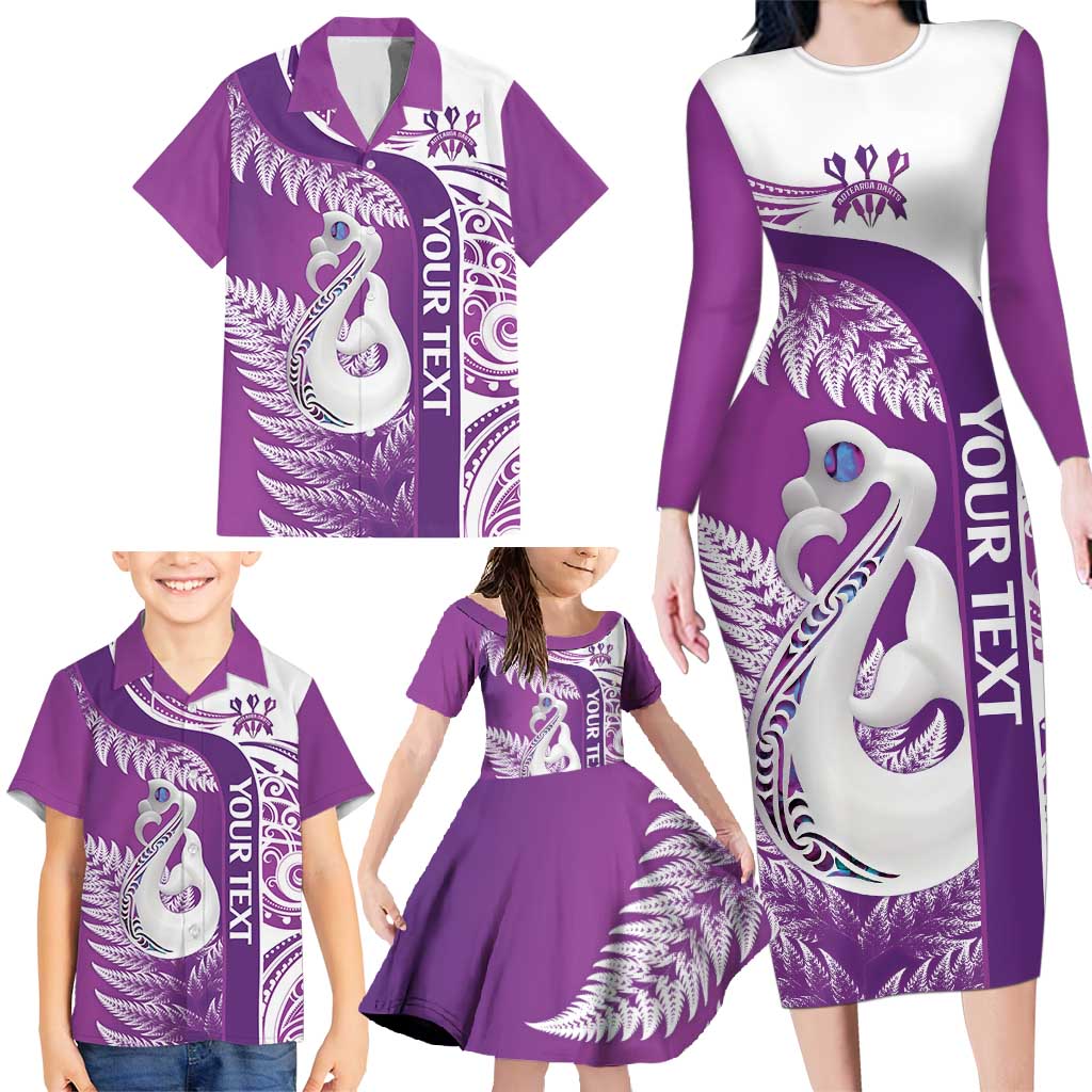 Personalised New Zealand Darts Family Matching Long Sleeve Bodycon Dress and Hawaiian Shirt Aotearoa Fern Mix Paua Shell Manaia - Purple LT14 - Polynesian Pride