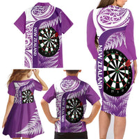 Personalised New Zealand Darts Family Matching Long Sleeve Bodycon Dress and Hawaiian Shirt Aotearoa Fern Mix Paua Shell Manaia - Purple LT14 - Polynesian Pride