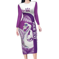Personalised New Zealand Darts Family Matching Long Sleeve Bodycon Dress and Hawaiian Shirt Aotearoa Fern Mix Paua Shell Manaia - Purple LT14 Mom's Dress Purple - Polynesian Pride