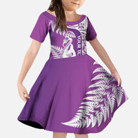 Personalised New Zealand Darts Family Matching Mermaid Dress and Hawaiian Shirt Aotearoa Fern Mix Paua Shell Manaia - Purple LT14 Daughter's Dress Purple - Polynesian Pride