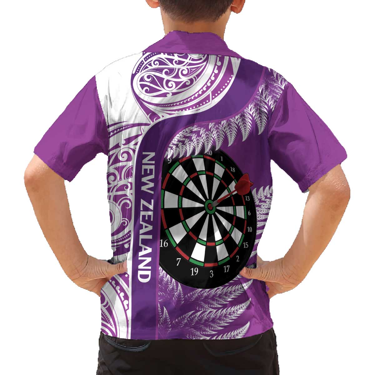 Personalised New Zealand Darts Family Matching Off The Shoulder Long Sleeve Dress and Hawaiian Shirt Aotearoa Fern Mix Paua Shell Manaia - Purple LT14 - Polynesian Pride