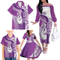 Personalised New Zealand Darts Family Matching Off The Shoulder Long Sleeve Dress and Hawaiian Shirt Aotearoa Fern Mix Paua Shell Manaia - Purple LT14 - Polynesian Pride