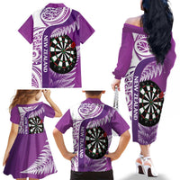 Personalised New Zealand Darts Family Matching Off The Shoulder Long Sleeve Dress and Hawaiian Shirt Aotearoa Fern Mix Paua Shell Manaia - Purple LT14 - Polynesian Pride