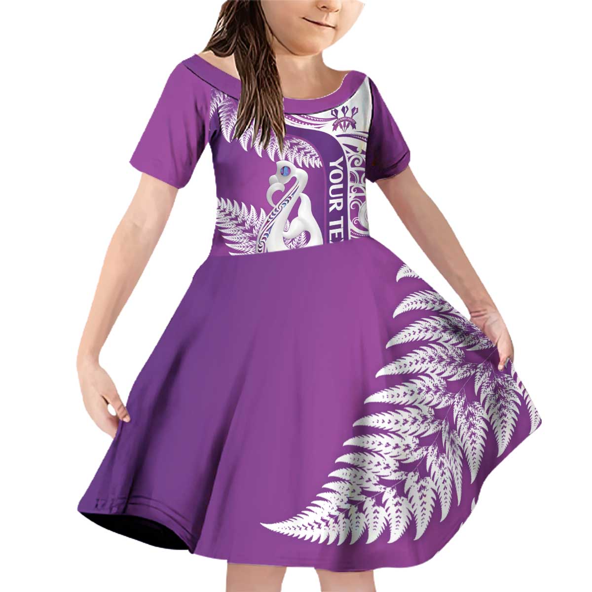 Personalised New Zealand Darts Family Matching Off Shoulder Short Dress and Hawaiian Shirt Aotearoa Fern Mix Paua Shell Manaia - Purple LT14 Daughter's Dress Purple - Polynesian Pride