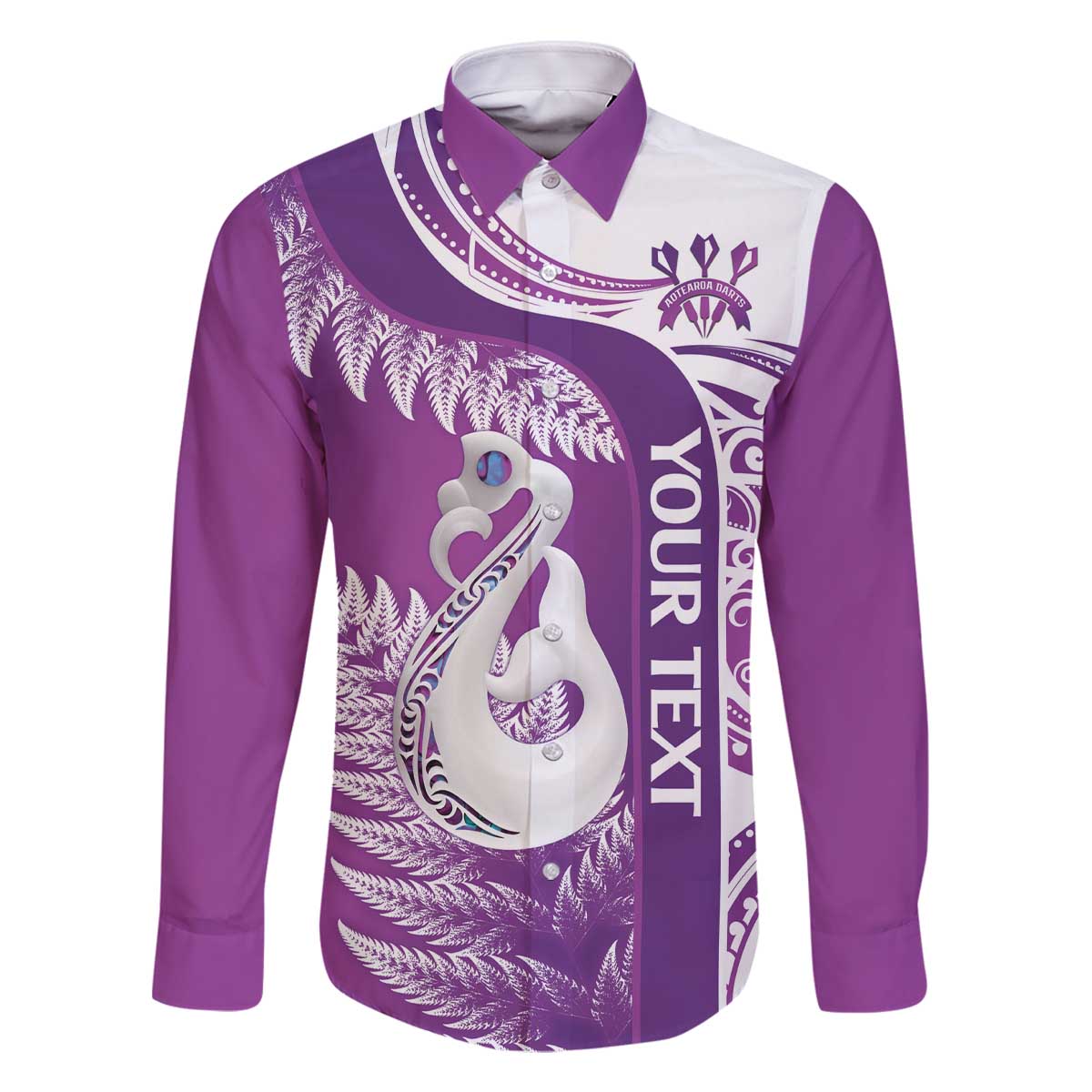 Personalised New Zealand Darts Family Matching Off Shoulder Short Dress and Hawaiian Shirt Aotearoa Fern Mix Paua Shell Manaia - Purple LT14 Dad's Shirt - Long Sleeve Purple - Polynesian Pride