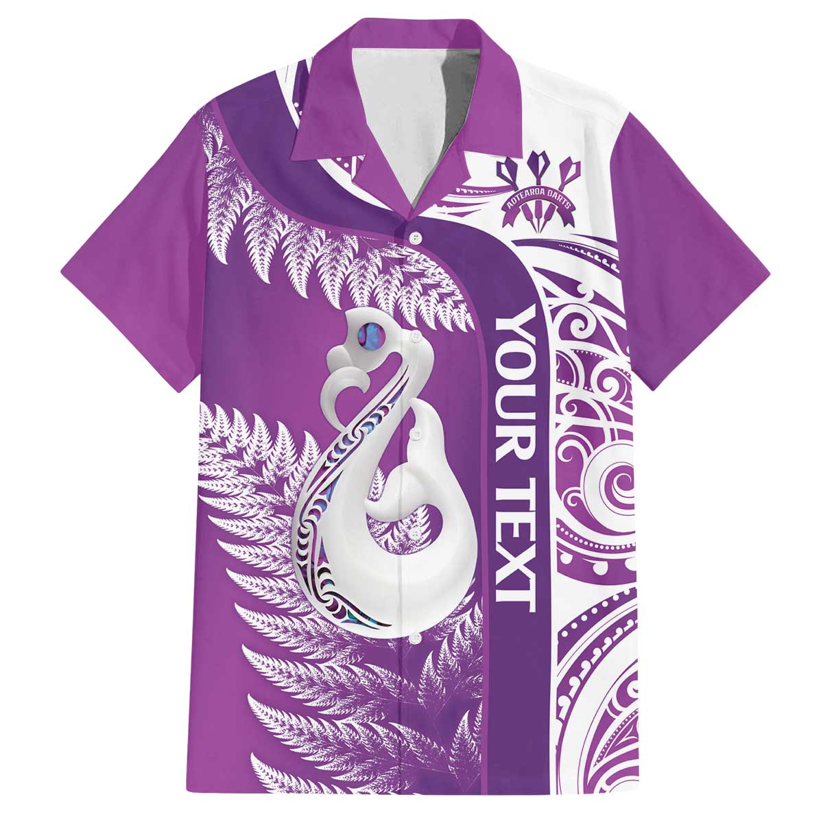 Personalised New Zealand Darts Family Matching Puletasi and Hawaiian Shirt Aotearoa Fern Mix Paua Shell Manaia - Purple LT14 Dad's Shirt - Short Sleeve Purple - Polynesian Pride
