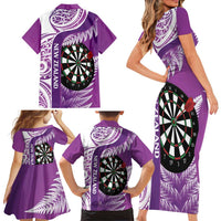Personalised New Zealand Darts Family Matching Short Sleeve Bodycon Dress and Hawaiian Shirt Aotearoa Fern Mix Paua Shell Manaia - Purple LT14 - Polynesian Pride
