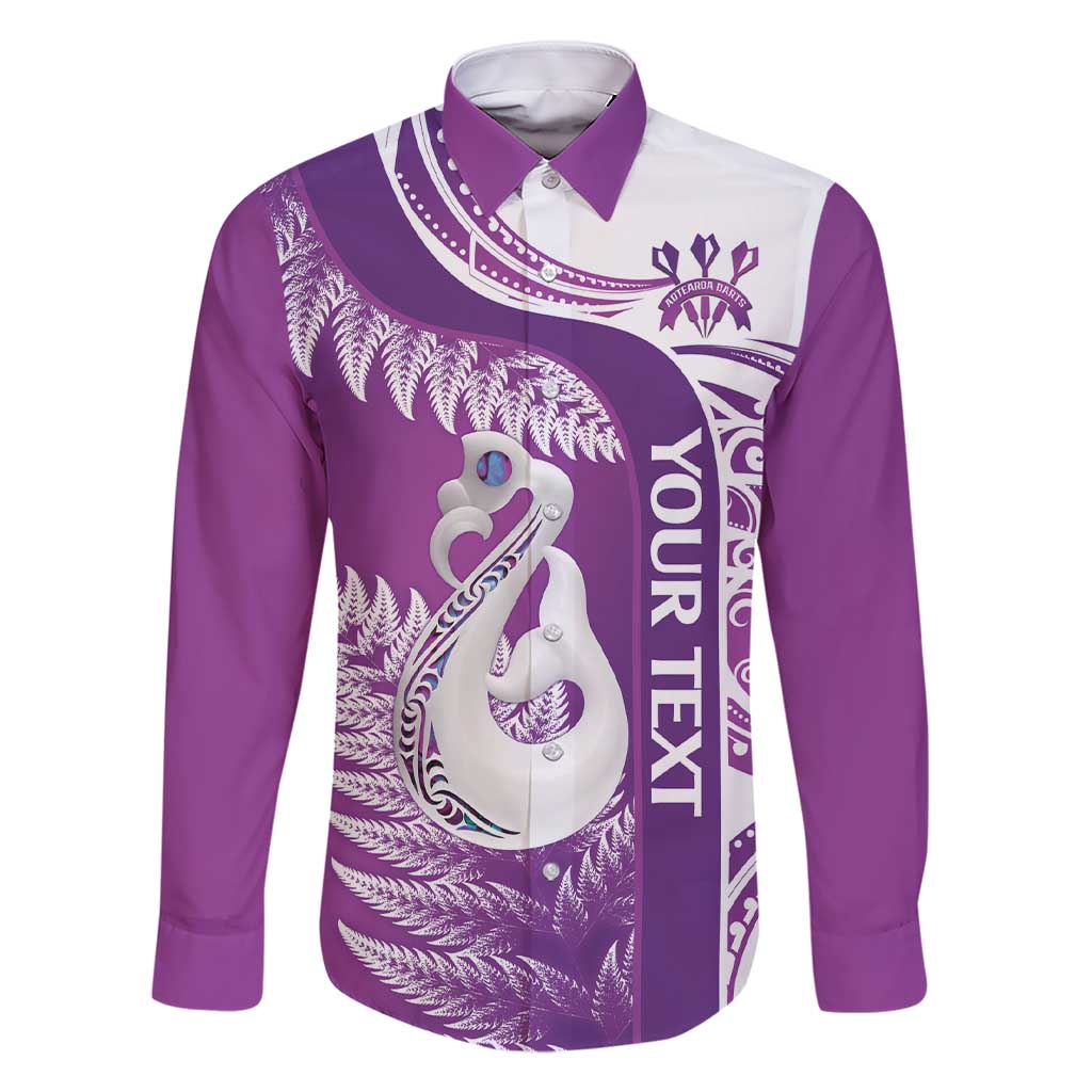 Personalised New Zealand Darts Family Matching Short Sleeve Bodycon Dress and Hawaiian Shirt Aotearoa Fern Mix Paua Shell Manaia - Purple LT14 Dad's Shirt - Long Sleeve Purple - Polynesian Pride