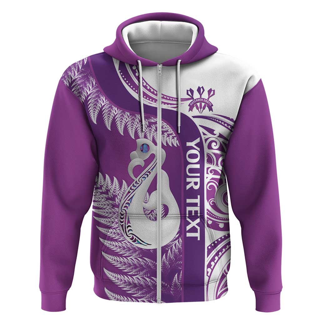 Personalised New Zealand Darts Hoodie Aotearoa Fern Mix Paua Shell Manaia - Purple LT14 Zip Hoodie Purple - Polynesian Pride