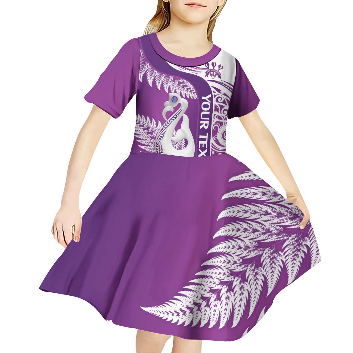 Personalised New Zealand Darts Kid Short Sleeve Dress Aotearoa Fern Mix Paua Shell Manaia - Purple LT14 - Polynesian Pride