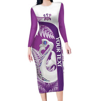 Personalised New Zealand Darts Long Sleeve Bodycon Dress Aotearoa Fern Mix Paua Shell Manaia - Purple LT14 Long Dress Purple - Polynesian Pride