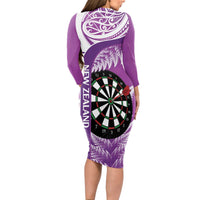 Personalised New Zealand Darts Long Sleeve Bodycon Dress Aotearoa Fern Mix Paua Shell Manaia - Purple LT14 - Polynesian Pride