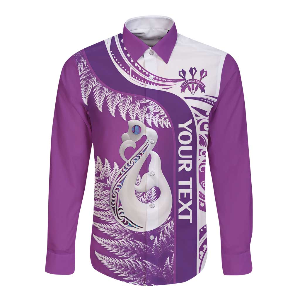 Personalised New Zealand Darts Long Sleeve Button Shirt Aotearoa Fern Mix Paua Shell Manaia - Purple LT14 Unisex Purple - Polynesian Pride
