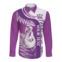 Personalised New Zealand Darts Long Sleeve Button Shirt Aotearoa Fern Mix Paua Shell Manaia - Purple LT14 Unisex Purple - Polynesian Pride