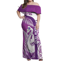 Personalised New Zealand Darts Off Shoulder Maxi Dress Aotearoa Fern Mix Paua Shell Manaia - Purple LT14 Women Purple - Polynesian Pride