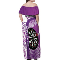 Personalised New Zealand Darts Off Shoulder Maxi Dress Aotearoa Fern Mix Paua Shell Manaia - Purple LT14 - Polynesian Pride