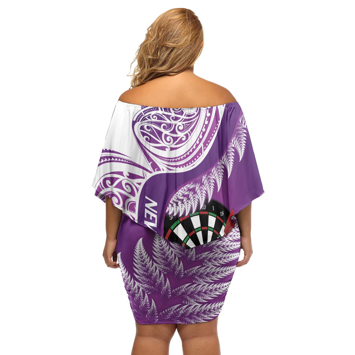 Personalised New Zealand Darts Off Shoulder Short Dress Aotearoa Fern Mix Paua Shell Manaia - Purple LT14 - Polynesian Pride