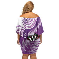 Personalised New Zealand Darts Off Shoulder Short Dress Aotearoa Fern Mix Paua Shell Manaia - Purple LT14 - Polynesian Pride