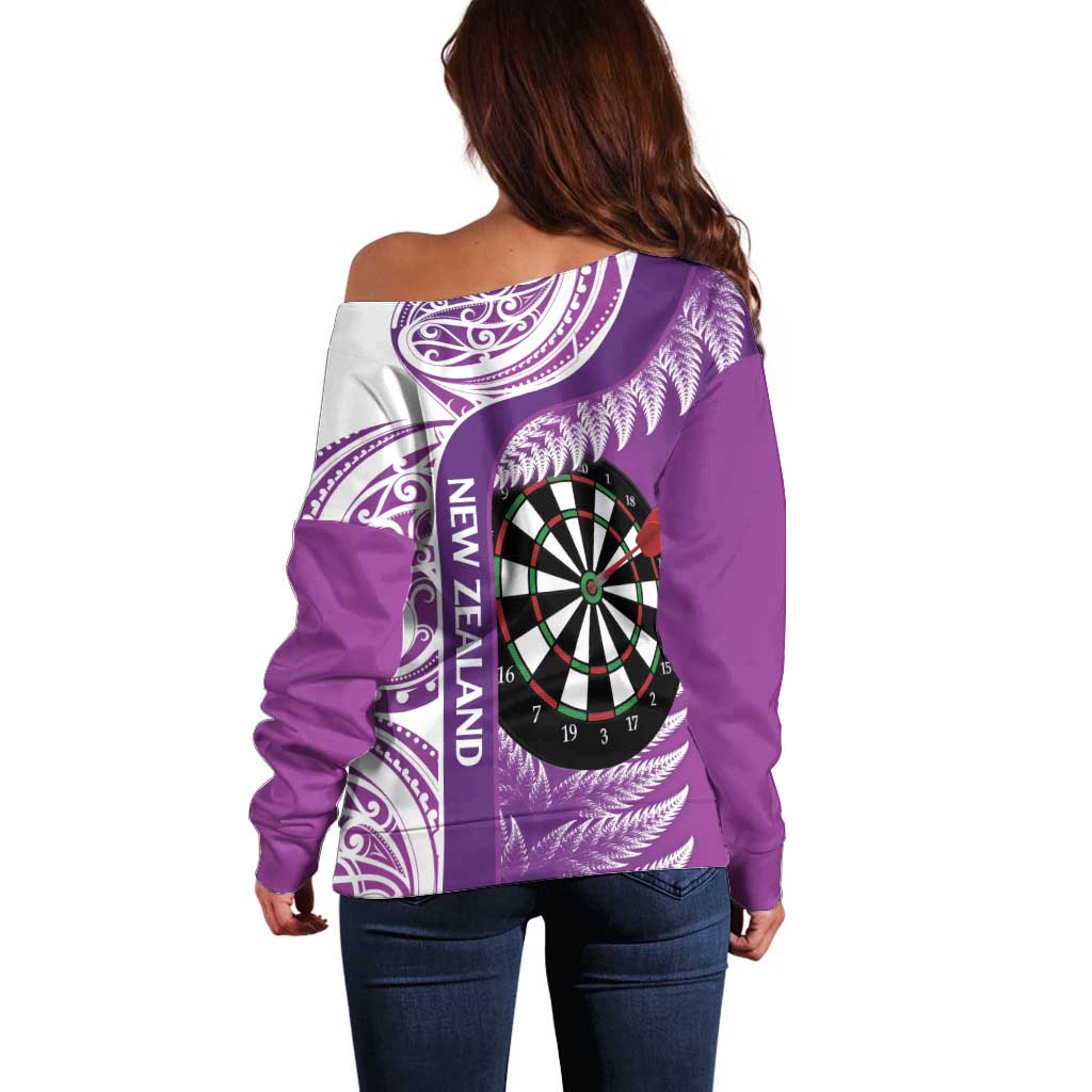 Personalised New Zealand Darts Off Shoulder Sweater Aotearoa Fern Mix Paua Shell Manaia - Purple LT14 - Polynesian Pride