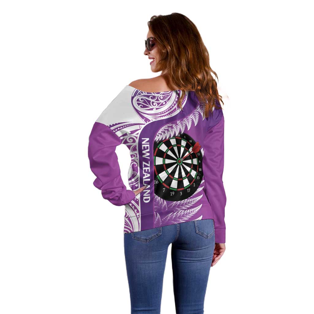 Personalised New Zealand Darts Off Shoulder Sweater Aotearoa Fern Mix Paua Shell Manaia - Purple LT14 - Polynesian Pride