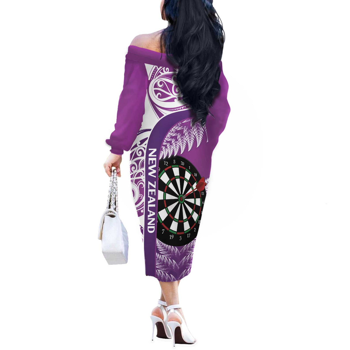 Personalised New Zealand Darts Off The Shoulder Long Sleeve Dress Aotearoa Fern Mix Paua Shell Manaia - Purple LT14 - Polynesian Pride