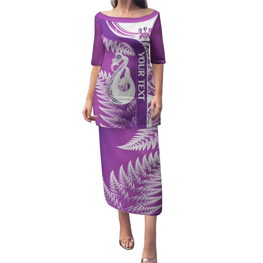 Personalised New Zealand Darts Puletasi Aotearoa Fern Mix Paua Shell Manaia - Purple LT14 Long Dress Purple - Polynesian Pride