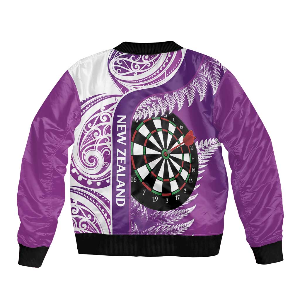 Personalised New Zealand Darts Sleeve Zip Bomber Jacket Aotearoa Fern Mix Paua Shell Manaia - Purple LT14 - Polynesian Pride