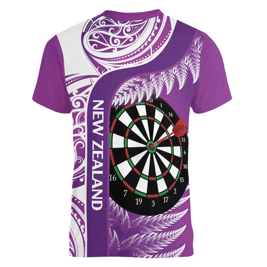 Personalised New Zealand Darts Women V-Neck T-Shirt Aotearoa Fern Mix Paua Shell Manaia - Purple LT14 - Polynesian Pride