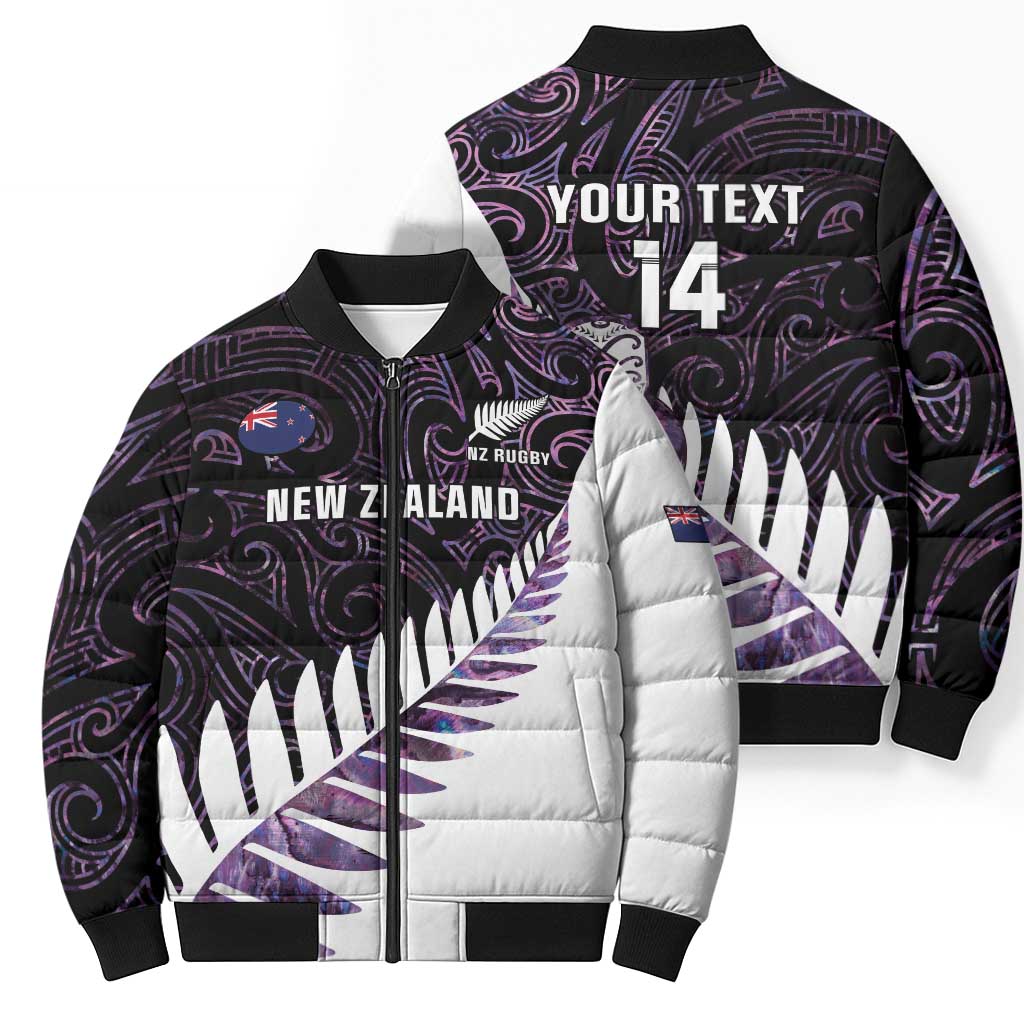 New Zealand Silver Fern Rugby Custom Bomber Puffer Jacket Go All Black Purple Maori Paua Shell - Polynesian Pride