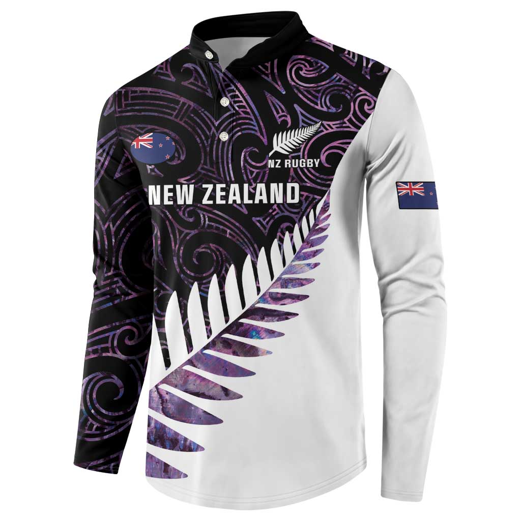 New Zealand Silver Fern Rugby Custom Button Sweatshirt Go All Black Purple Maori Paua Shell - Polynesian Pride