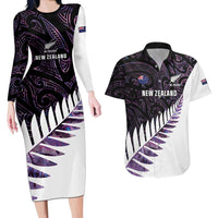 New Zealand Silver Fern Rugby Custom Couples Matching Long Sleeve Bodycon Dress and Hawaiian Shirt Go All Black Purple Maori Paua Shell - Polynesian Pride