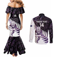 New Zealand Silver Fern Rugby Custom Couples Matching Mermaid Dress and Long Sleeve Button Shirt Go All Black Purple Maori Paua Shell - Polynesian Pride