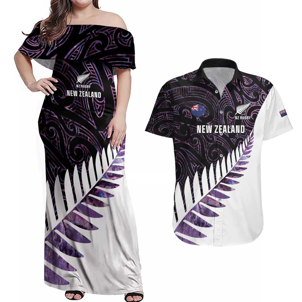 New Zealand Silver Fern Rugby Custom Couples Matching Off Shoulder Maxi Dress and Hawaiian Shirt Go All Black Purple Maori Paua Shell LT14 Purple - Polynesian Pride