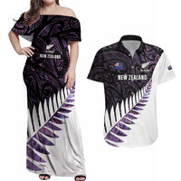 New Zealand Silver Fern Rugby Custom Couples Matching Off Shoulder Maxi Dress and Hawaiian Shirt Go All Black Purple Maori Paua Shell LT14 Purple - Polynesian Pride