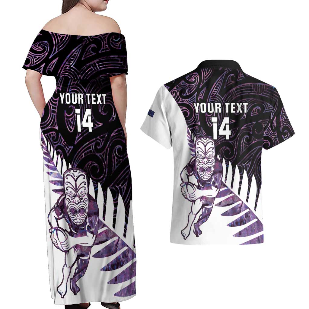 New Zealand Silver Fern Rugby Custom Couples Matching Off Shoulder Maxi Dress and Hawaiian Shirt Go All Black Purple Maori Paua Shell LT14 - Polynesian Pride